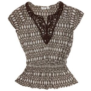 Cato Brown and White Boho Crochet Trim Top Small Short Sleeve‎